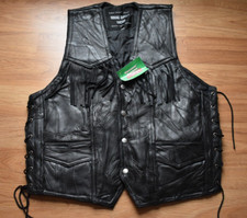 Giovanni Navarre Italian Stone Design Men Black Fringe Leather Vest Size XL New