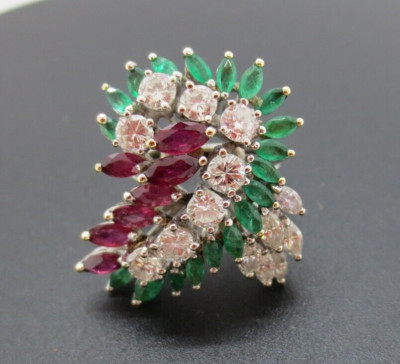 ESTATE 14K WG CUSTOM DESIGNED NATURAL EMERALD RUBY DIAMOND CLUSTER RING A17991