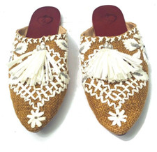 Anthropologie Z L India Tan Jute Burlap Ivory Embroidered Boho Flats Slides 37