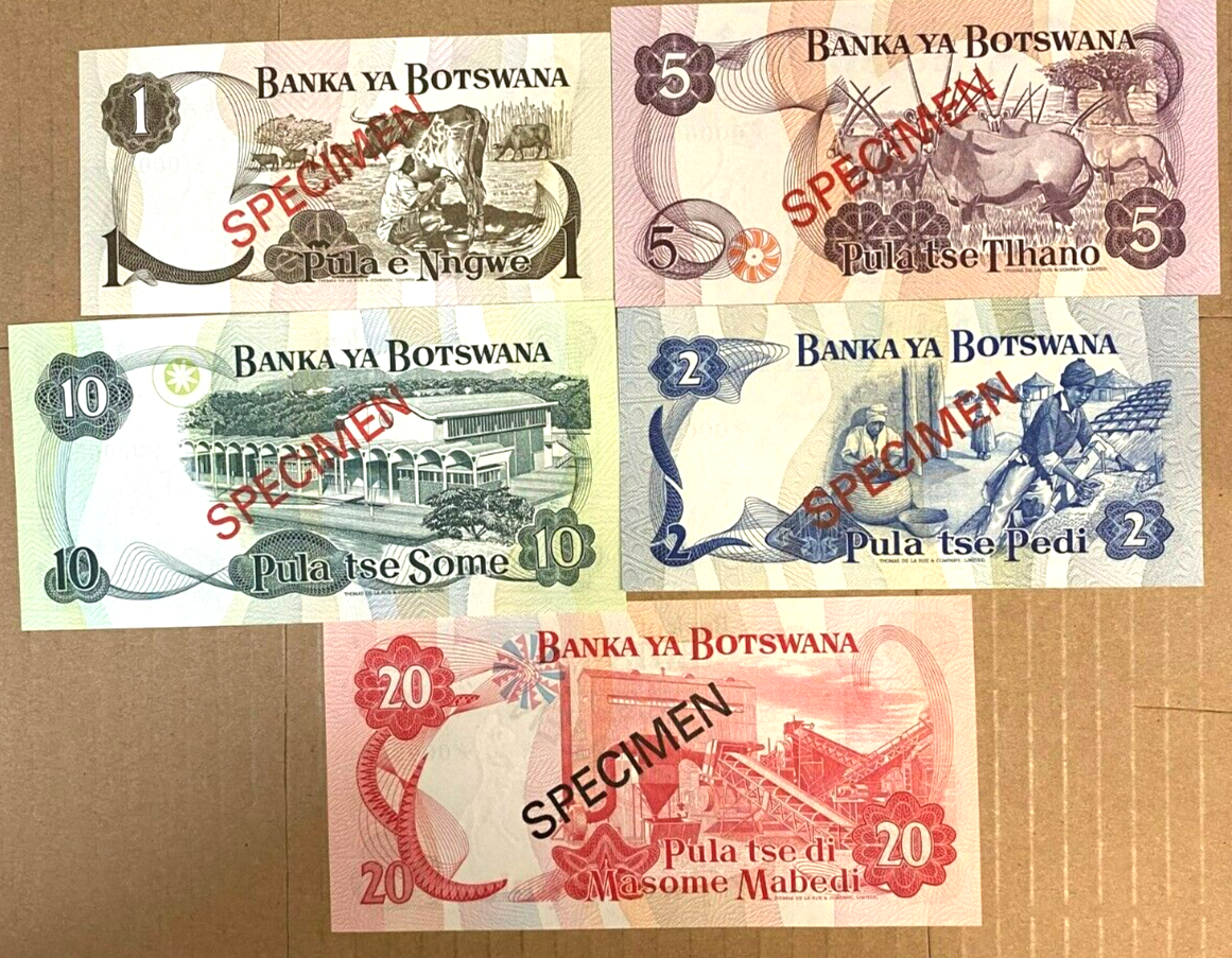 BOTSWANA・SPECIMEN・1・2・5・10・20プーラ【1979年】 Botswana 1979 Five Note Specimen Set 1 Pula to 20 Pulas