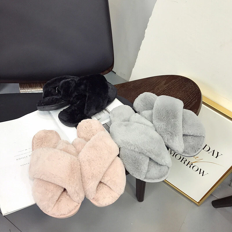 Ladies Faux Fur Slippers Mules Cross Open Toe Falt Soft Home Shoes