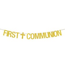 First Communion Banner Christening Party Supplies Gold Glitter God Bless