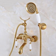 Luxury Gold Brass Wall Mounted Clawfoot Bathroom Tub Faucet w/ Handheld Shower