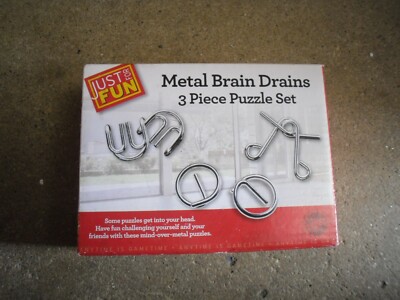 New ! Just for Fun Metal Brain Drains 3 Piece Puzzle Set 