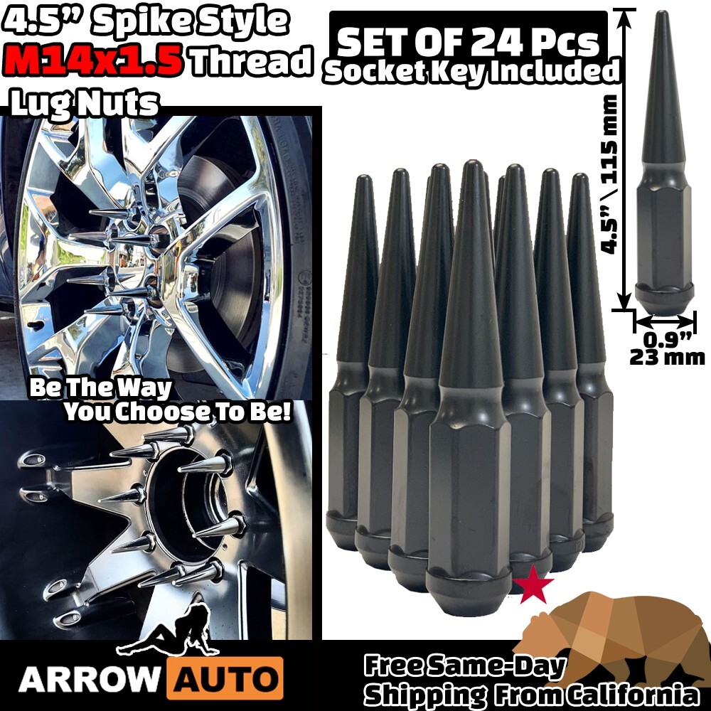 24x 4.5" Tall Black M14x1.5 Spike Lug Nuts & Key Fit GMC Saturn UAZ eBay