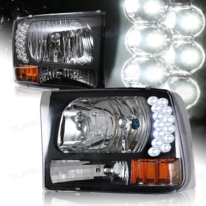 For 1999-2004 Ford F250 F350 Super Duty LED Black Headlights W/Amber Reflector - Image 2 of 4