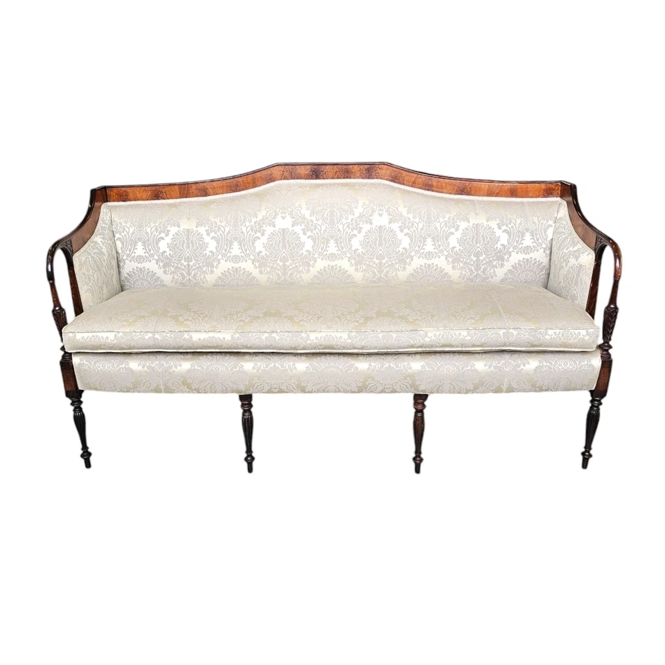 Vintage Federal Style Mahogany Settee Sofa Colonial Revival Damask Upholstery - Image 2 of 4