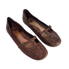 Earth Origins Eve Brown Leather Mary Jane Ballet Flats T-Strap Boho Floral 7.5