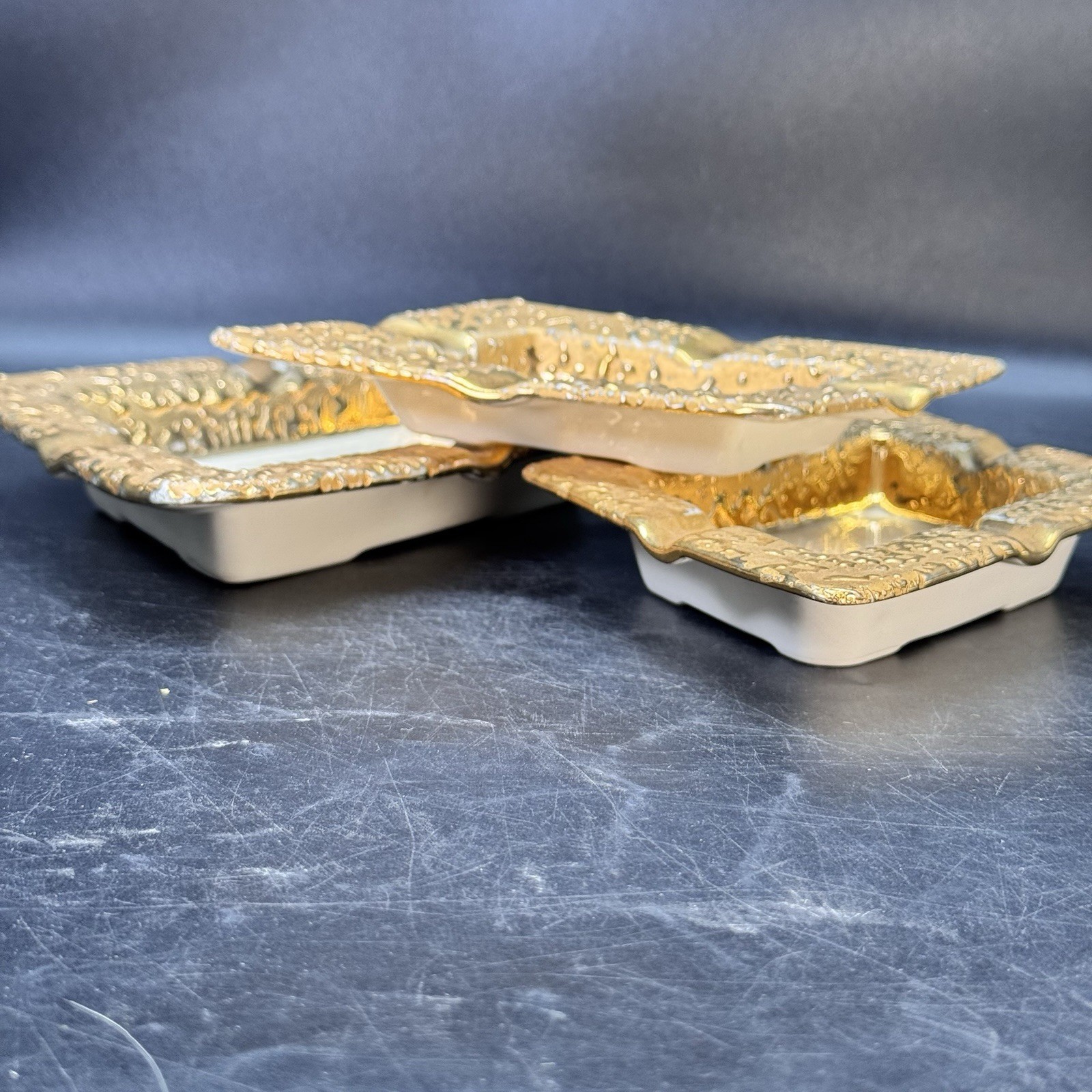 3 Weeping Bright Gold Nesting Ashtrays 22K Gold Parallelogram Shape Vintage MCM