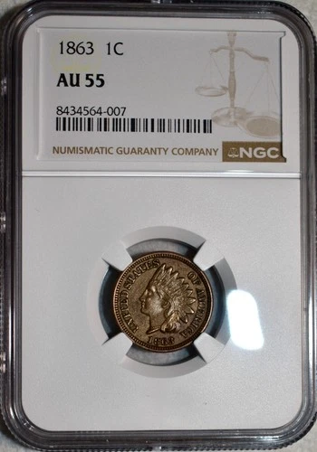 NGC AU-55 1863 Indian Head Cent, Richly Hued & Well-Struck.