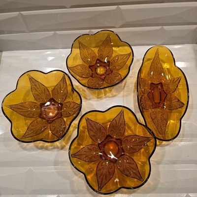 Anchor Hocking Amber Renaissance MCM Leaf Design Relish Celery Dish & 3 Bowls