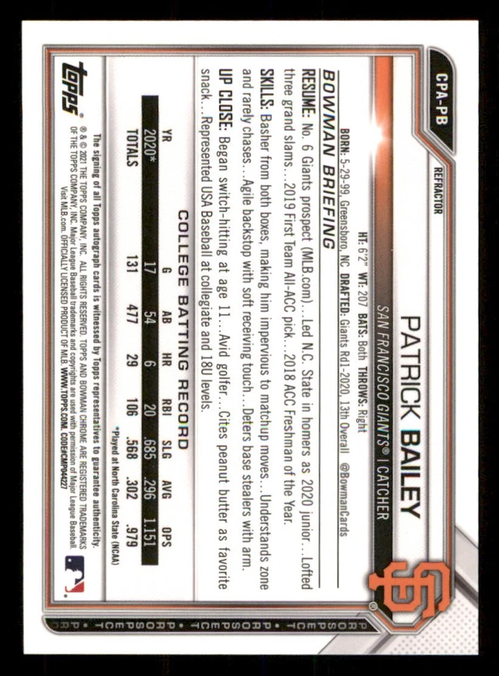 2021 Bowman Chrome Prospect AUTO Refractors #CPAPB Patrick Bailey /499 - Image 2 of 2