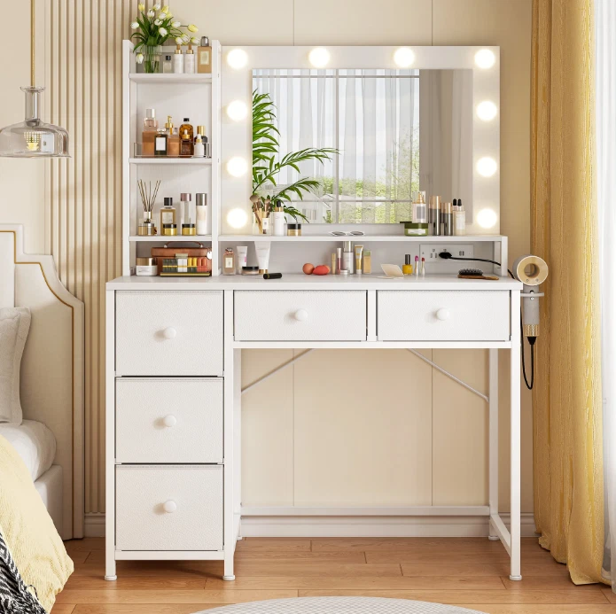 Tocador con Espejo y Luces Maquillaje Tocador Escritorio con 5 Cajones de Tela Foto 2 de 4