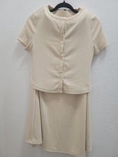 Beige 2 Piece Outfit Set Top Skirt, Short Sleeve, Button, Round Neck, Casual