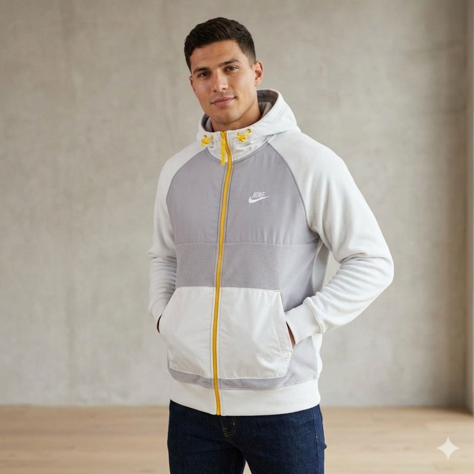 Nike Men's L Full Zip Hooded Fleece Jacket Colorblock Gray White Yellow Swoosh