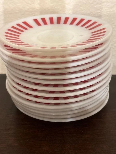 14 VTG Hazel Atlas “Candy Stripe” Milk Glass Teacup and Saucer Set  1950s USA
