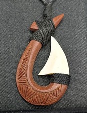 Hawaiian Koa Wood Fish Hook Necklace - Hand Carved Buffalo Bone Adjustable 2  