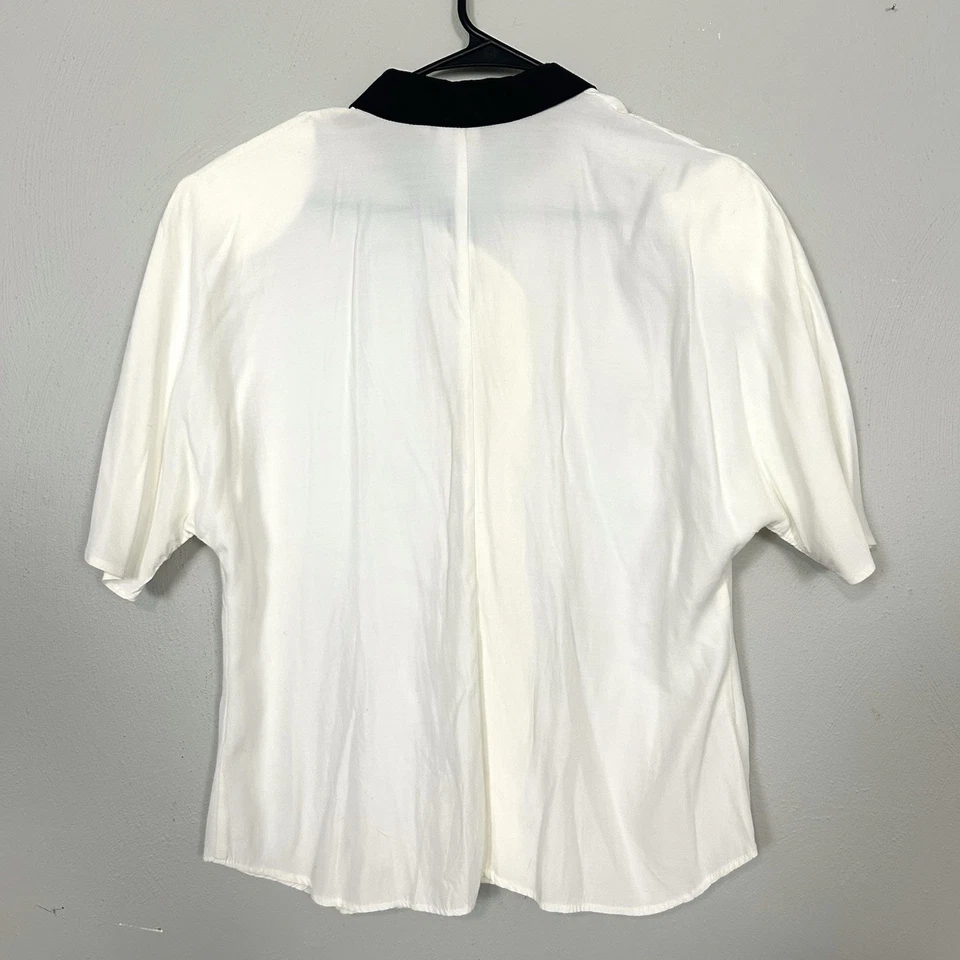 VTG Melrose White Black Contrast Blouse Size 14 Short Sleeve 80s 90s Rayon - Imagem 2 de 4