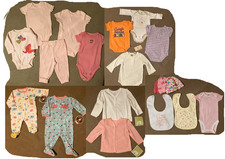 19-piece baby girl lot, 1-piece bubbles, sleepers, sweaters, caps - mostly NEW