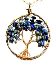 Gold Tone Lapis Luzi Semi Precious Stone Tree Of Life 20" Necklace -NWOT (#2984)
