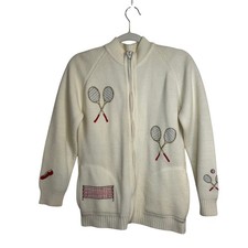 LeRoy Knitwear Vintage Tennis Cardigan Sweater Cream Embroidered Full Zip Sz M