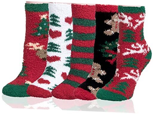 5 Pairs Womens Fluffy Fuzzy Socks Cute Warm Winter Slipper Green Red White