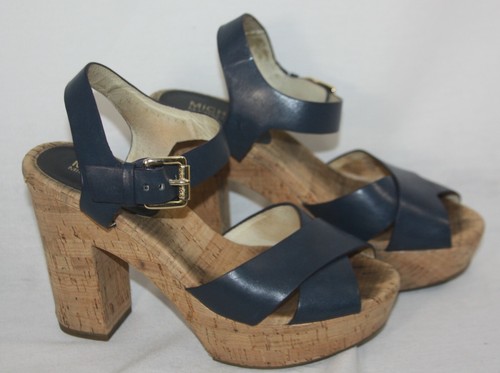 Women Michael Kors Natalia Platform block Heel Sandals Leather Navy Blue 7M | eBay