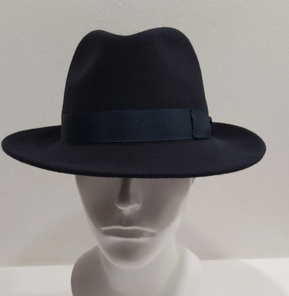 Chapeau En Feutre De Laine Fedora Bleu À Large Bord Made In Italy - Photo 2/4