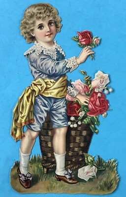 4v4: ca. 26 cm gr. Oblate Glanzbild Rokoko Knabe Rosen Gratulant Blumenkorb~1890