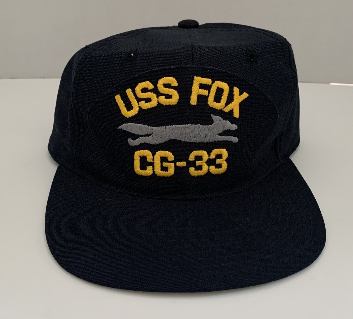 Vintage USS Fox CG-33 Ship Snapback Patch Hat Navy Blue Made In USA