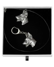 Doberman pincher - necklace, keyring, set with a dog in white box, Art Dog USA