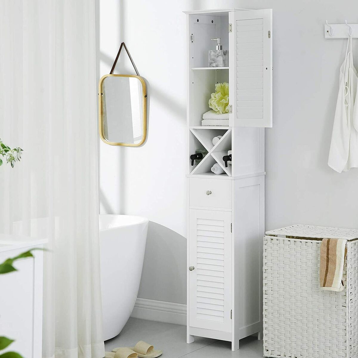 hochschrank badezimmerschrank badschrank mit 2 lamellentüren mit schublade  weiß