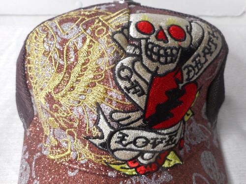 Don Ed Hardy Embroider Skull Brown Trucker Snapback Hat Death Of Love New York - Imagen 2 de 10
