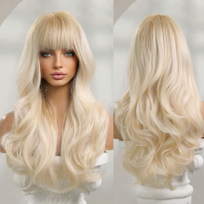 Long Wavy Platinum Blonde Hair Wigs Bangs Women Fashion Natural Daily Cosplay US