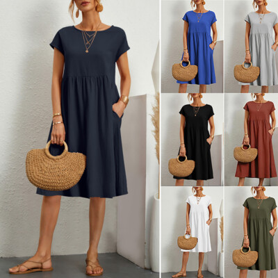 Womens Ladies Summer Casual Cotton Linen Midi Dress Holiday Plain Pleated S-2XL | eBay UK Womens Ladies Summer Casual Cotton Linen Midi Dress Holiday Plain Pleated S-2XL | eBay UK