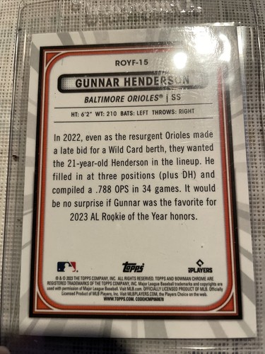 2023 Bowman: Rookie of the Year Favorites Gunnar Henderson Mojo Refractor ROYF15 - Picture 2 of 6