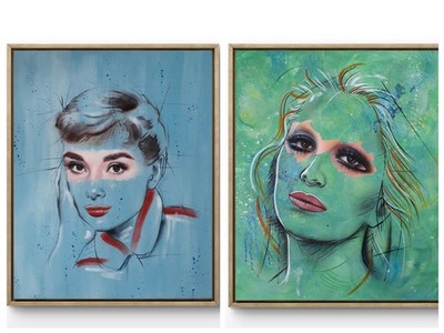 Pair of Simona Mint Acrylic Paintings Mine Audrey Hepburn 50x60 cm With Frames