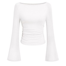 Women's Long Sleeve Crop Going Out Tops Boat Neck Bell Sleeve Ribbed Ruched Tops