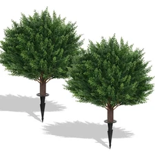 Artificial Cedar Topiary Ball Trees, 2 Set of 16'' UV Resistant Fake Evergree...