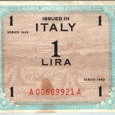 1943 Italy 1 Lira Allied Military Currency WWII World War II AMC Banknote Note