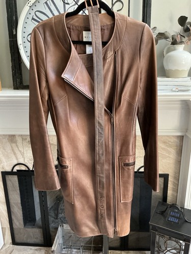 CELINE women's long cut moto inspired brown leather jacket coat sz 38 US 6