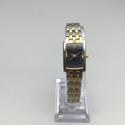 Pulsar Watch Womens 16mm Silver Gold Tone Black Dial 1N01-X164 New Battery 7.25" - Picture 2 of 15