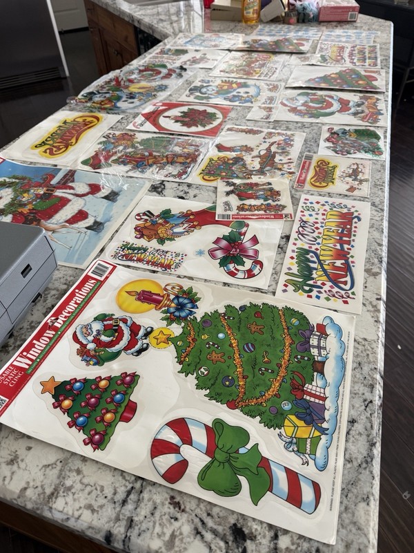 Vintage Large Lot Of Christmas Static Cling Window Decals Santa Tree More