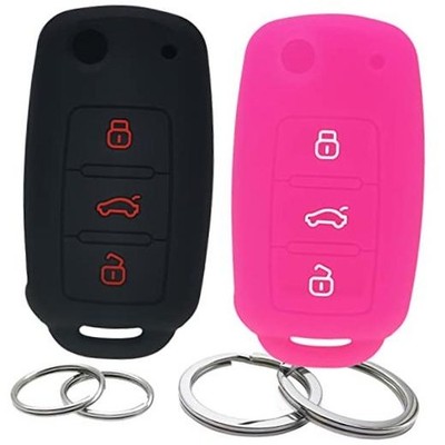 2Pcs Silicone Flip 3 Buttons Key Fob Cover Remote Case Keyless Black & Hot Pink