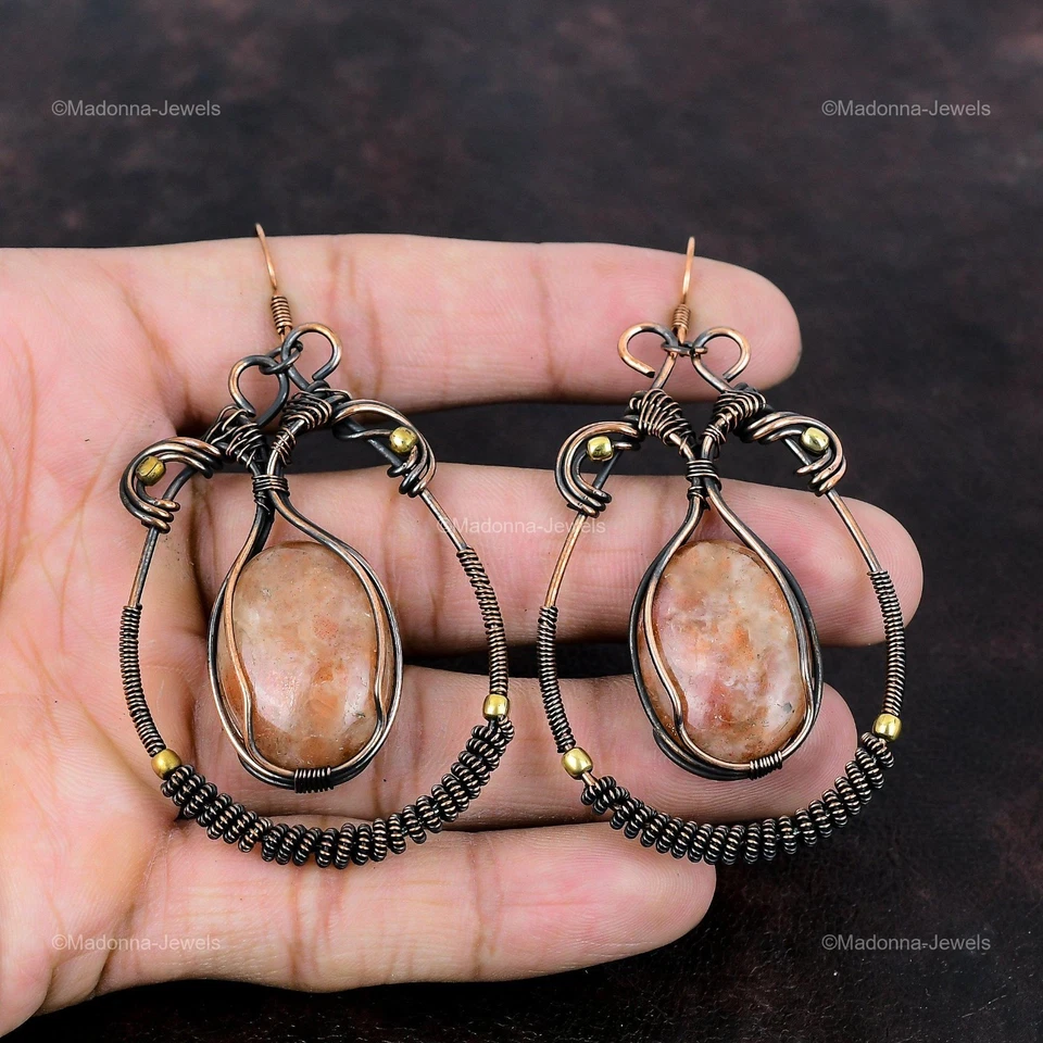 Pendientes envueltos en alambre gancho colgante piedras preciosas de cobre venta día de la hija Foto 4 de 4