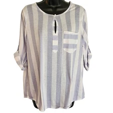 Eden & Olivia Striped Blouse Keyhole Roll Tab Sleeve Top Casual Size L