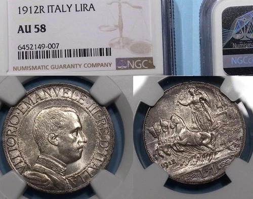 1912R ITALY 1 LIRA SILVER NGC AU 58 #AC1-35
