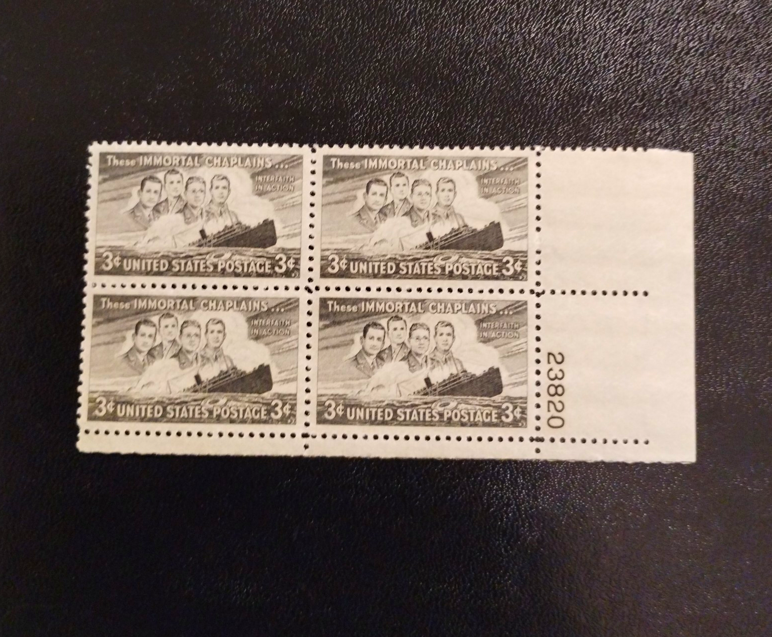 United States Immortal Chaplains 3¢ Gray Plate Block of 4 MNH #23820