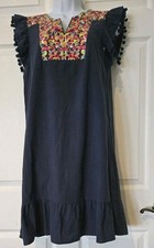 Kirundo Women's Casual V Neck Floral Embroidered Short Pom Pom Sleeve Dress Sz M