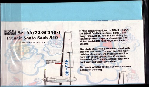 DRAW Decal Finnair Santa Saab 340 1/72 Scale Model Airplane Decals